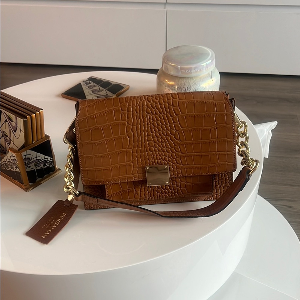 Persaman New York Brown Croc-Embossed Crossbody Bag